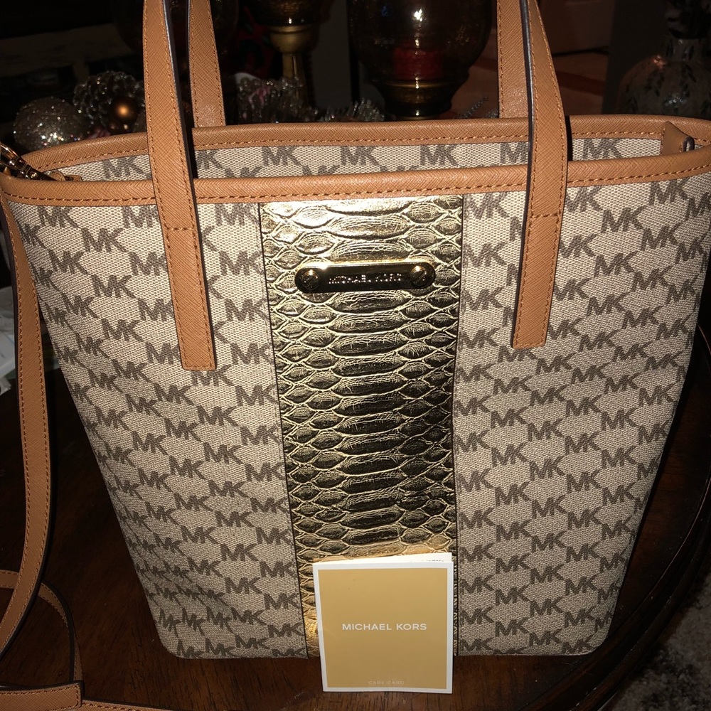 Michael Kors tan and gold MK bag original $340
